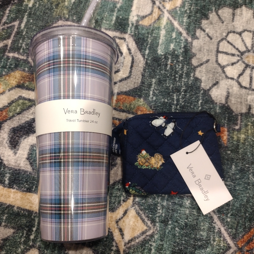 NEW Vera Bradley Snowy Plaid Travel Tumbler And coin Purse